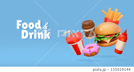 Fast food render. 3d burger, drink and hamburger restaurant fastfood as hot dog, coffee and donut, dinner or lunch menu. Banner design. Vector cartoon glossy isolated illustration 135019144