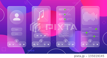 UX UI design. App glass morphism interface. Transparent web button for phone page. Frosted smartphone screen. Gradient matte display. Music application panel. Vector mobile templates set UX UI design. App glass morphism interface. Transparent web button for phone page. Frosted smartphone screen. Gradient matte display. Music application panel. Vector mobile templates set 135019145