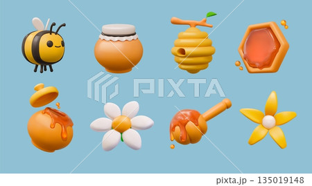 3d honey. Bee hive, flower and jar cute glossy render food, comb and beehive with honeycomb. Cute healthy nectar. Daisy honeybee, pot with dripping liquid vector isolated apiary product set 135019148