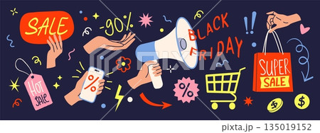 Black Friday advertising. Hands hold shop paper bag. Business gift. Modern marketing promotion. Discount coupon. Sale announce with megaphone. Online shopping ad. Vector elements set Black Friday advertising. Hands hold shop paper bag. Business gift. Modern marketing promotion. Discount coupon. Sale announce with megaphone. Online shopping ad. Vector elements set 135019152