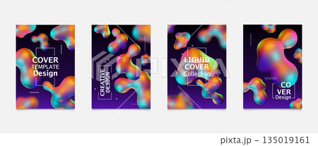 3d liquid background. Abstract gradient chrome bubble, fluid metal shapes or iridescent color splash bubbles. Holographic blob. Business minimal design. Vector isolated figures set 135019161