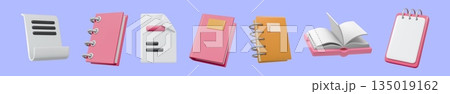 Paper page. Study book, diary for write memo or spiral textbook with shadows. Letter template. Open and closed books, pink magazine, document and notebook. Vector 3d render isolated set 135019162
