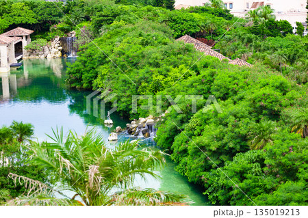 爽やかな南国の鮮やかなヤシが映える高級リゾートホテルのラグーン・中庭・池と滝（沖縄県宮古島市） 135019213