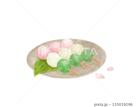 桜の花びらと三色団子の水彩イラスト・お花見・春の和菓子 135019296