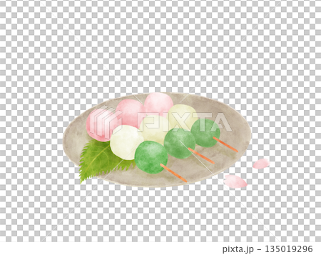 水彩插畫，描繪了櫻花花瓣和三色餃子，賞櫻，春季日式甜點 135019296