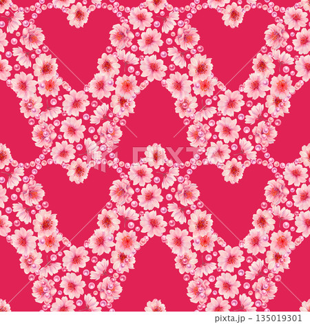 Pink floral hearts of blooming sakura flowers, shiny pearls on a red background. Watercolor seamless pattern for weddings, Valentine's Day, Mother's Day, birthdays, cards, greetings, gift wrapping 135019301