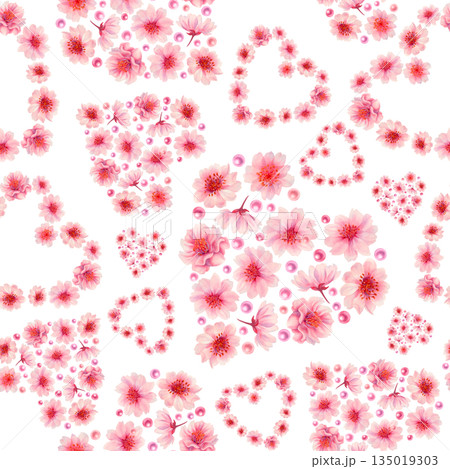 Pink floral hearts of blooming sakura flowers, shiny pearls on a white background. Watercolor seamless pattern for weddings, Valentine's Day, Mother's Day, birthdays, cards, greetings, gift wrapping 135019303