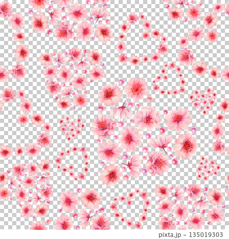 Pink floral hearts of blooming sakura flowers, shiny pearls on a white background. Watercolor seamless pattern for weddings, Valentine's Day, Mother's Day, birthdays, cards, greetings, gift wrapping 135019303