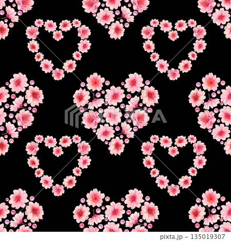 Pink floral hearts of blooming sakura flowers, shiny pearls on a black background. Watercolor seamless pattern for weddings, Valentine's Day, Mother's Day, birthdays, cards, greetings, gift wrapping 135019307