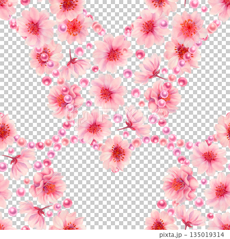 Pink floral hearts of blooming sakura flowers, shiny pearls on a white background. Watercolor seamless pattern for weddings, Valentine's Day, Mother's Day, birthdays, cards, greetings, gift wrapping Pink floral hearts of blooming sakura flowers, shiny pearls on a white background. Watercolor seamless pattern for weddings, Valentine's Day, Mother's Day, birthdays, cards, greetings, gift wrapping 135019314