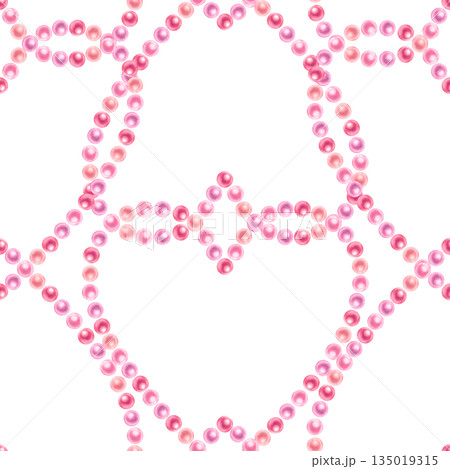 Pink floral hearts of blooming sakura flowers, shiny pearls on a white background. Watercolor seamless pattern for weddings, Valentine's Day, Mother's Day, birthdays, cards, greetings, gift wrapping 135019315