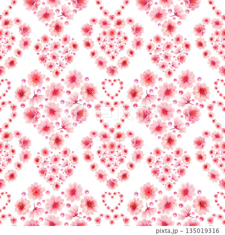 Pink floral hearts of blooming sakura flowers, shiny pearls on a white background. Watercolor seamless pattern for weddings, Valentine's Day, Mother's Day, birthdays, cards, greetings, gift wrapping Pink floral hearts of blooming sakura flowers, shiny pearls on a white background. Watercolor seamless pattern for weddings, Valentine's Day, Mother's Day, birthdays, cards, greetings, gift wrapping 135019316