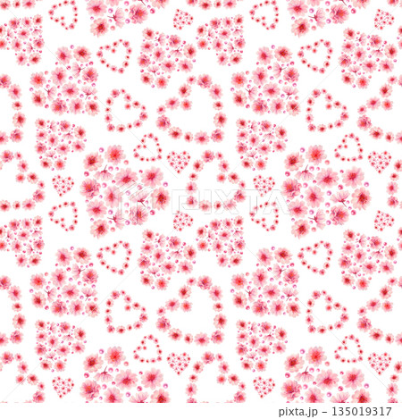 Pink floral hearts of blooming sakura flowers, shiny pearls on a white background. Watercolor seamless pattern for weddings, Valentine's Day, Mother's Day, birthdays, cards, greetings, gift wrapping Pink floral hearts of blooming sakura flowers, shiny pearls on a white background. Watercolor seamless pattern for weddings, Valentine's Day, Mother's Day, birthdays, cards, greetings, gift wrapping 135019317
