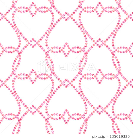 Pink floral hearts of blooming sakura flowers, shiny pearls on a white background. Watercolor seamless pattern for weddings, Valentine's Day, Mother's Day, birthdays, cards, greetings, gift wrapping 135019320