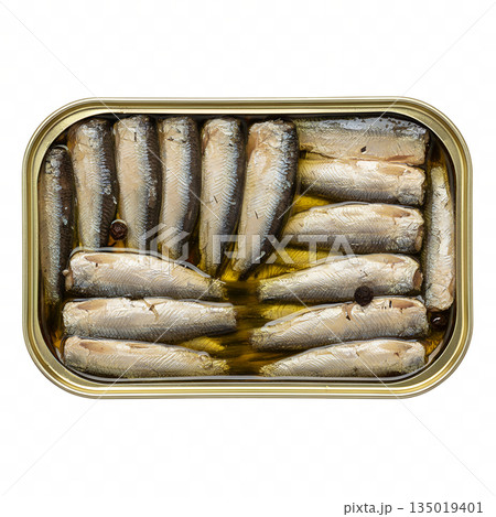Open tin of sardines packed in olive oil, isolated on a transparent background, ideal for cooking and grocery concepts Open tin of sardines packed in olive oil, isolated on a transparent background, ideal for cooking and grocery concepts 135019401