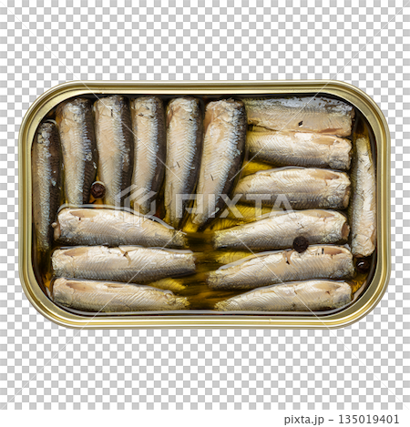 Open tin of sardines packed in olive oil, isolated on a transparent background, ideal for cooking and grocery concepts Open tin of sardines packed in olive oil, isolated on a transparent background, ideal for cooking and grocery concepts 135019401