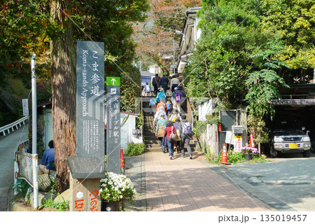 神奈川県 大山 阿夫利神社へ続くこま参道と登山客の行列 135019457