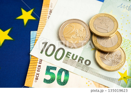 Euro banknote and coin, Europe money, economy finance exchange trade investment. 135019623