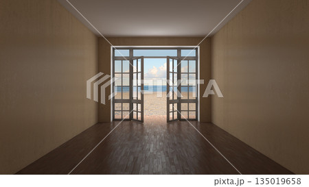 Empty Interior with Beige Plastered Walls, Dark Parquet Floor and Open Doors 135019658