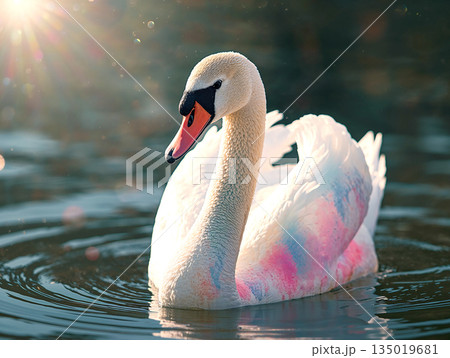 Majestic swan with unique pink and blue colored feathers floating on a lake, backlogged by warm sunlight creating a magical fairy-tale atmosphere. 135019681