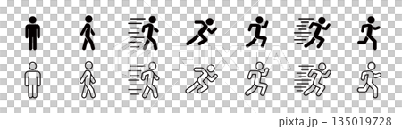 一套統一的人體象形圖(行走、匆忙、停止、開始衝刺、跑步、最後衝刺、跑步) 一套統一的人體象形圖(行走、匆忙、停止、開始衝刺、跑步、最後衝刺、跑步) 135019728