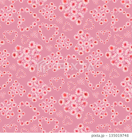 Pink floral hearts of blooming sakura flowers, shiny pearls on a purple background. Watercolor seamless pattern for weddings, Valentine's Day, Mother's Day, birthdays, cards, greetings, gift wrapping 135019748