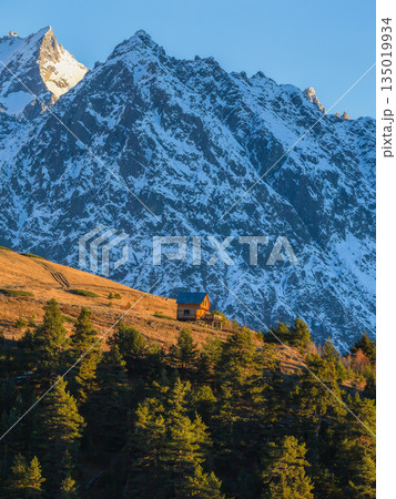 Lonely house in the mountains, Kazbegi. Georgia. Lonely house in the mountains, Kazbegi. Georgia. 135019934