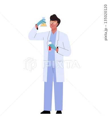 Scientist man in lab coat holding test tube with liquid conducting medical or chemical research or analysis 135020120