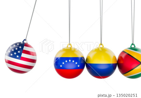 Newton cradle with USA and Venezuela flags - geopolitical concept. 3D rendering Newton cradle with USA and Venezuela flags - geopolitical concept. 3D rendering 135020251