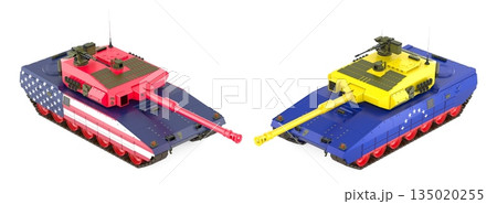 Tanks with USA and Venezuela flags facing each other, military conflict concept. 3D rendering 135020255