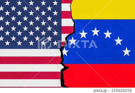 Venezuela and USA flags split by crack, diplomatic conflict concept. 3D rendering Venezuela and USA flags split by crack, diplomatic conflict concept. 3D rendering 135020258