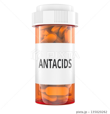 Antacids, medication bottle with tablets. 3D rendering 135020262