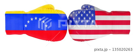 Boxing gloves with USA and Venezuela flags, political confrontation concept. 3D rendering 135020263