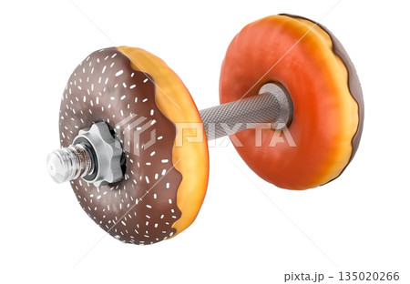 Donut shaped dumbbell, fitness and diet concept. 3D rendering Donut shaped dumbbell, fitness and diet concept. 3D rendering 135020266