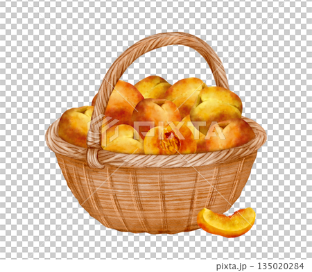 Summer Harvest With Peaches Displayed, Illustration Showcasing Fresh Peaches In Country Basket Setting Summer Harvest With Peaches Displayed, Illustration Showcasing Fresh Peaches In Country Basket Setting 135020284