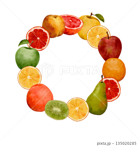 Artistic Botanical Illustration Featuring Diverse Fruits In Circular Layout For Creative Use 135020285
