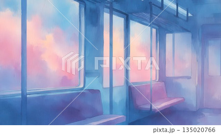 パステル調の夕焼け電車内 水彩背景イラスト パステル調の夕焼け電車内 水彩背景イラスト 135020766