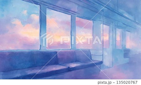 広がる夕焼け空と電車内の水彩風景イラスト 135020767