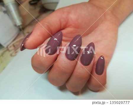Almond Purple Manicure Display. Hand presenting almond-shaped nails coated in glossy deep purple polish with reflective highlights on white surface. Almond Purple Manicure Display. Hand presenting almond-shaped nails coated in glossy deep purple polish with reflective highlights on white surface. 135020777