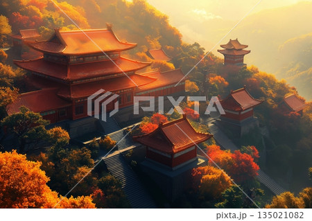 Red-Roofed Temple Amidst Autumn Foliage on Sacred Mountain Red-Roofed Temple Amidst Autumn Foliage on Sacred Mountain 135021082