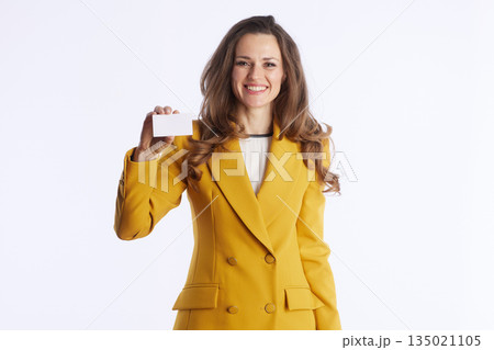 Smiling Manager Offering Blank Business Card Smiling Manager Offering Blank Business Card 135021105