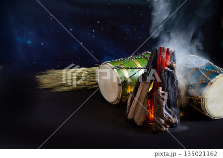 Lohri bonfire concept with dhol drums and wheat Lohri bonfire concept with dhol drums and wheat 135021162