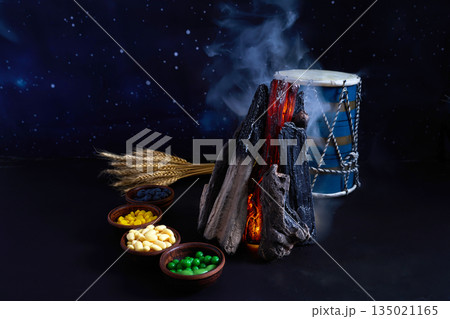 Lohri bonfire celebration with traditional foods and drum 135021165