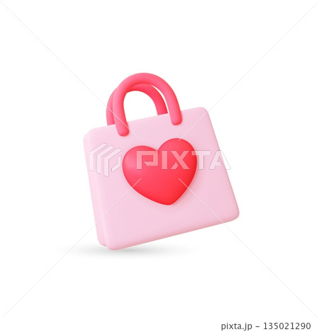 Shopping bag 3d icon. Isolated love gift or present for st valentine's day, dating, wedding. Plastic decorative render elements, discount, store vector symbol 135021290