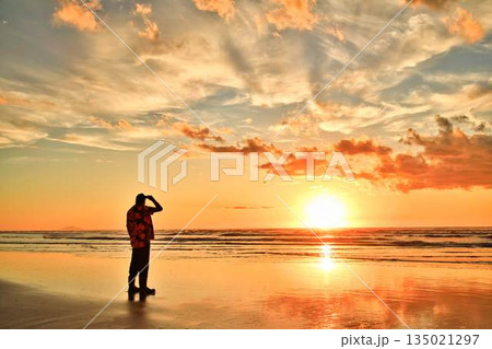 Foxton Beach New Zealand Sunset High Tide Man Watching Sunset 135021297