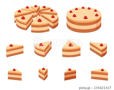 Cakes slices infographics. Party cake with berry and choco. Many parts of pie, isometric constructor. Sweet food for cafe, restaurant, bakery, sapid vector set 135021327