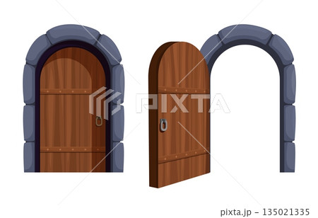 Medieval wooden doors. Old entrance in cellar, dungeon, castle or room in palace. Open close door in stone arch, architecture element sapid vector set 135021335
