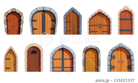 Cartoon old style doors. Medieval door of castle, palace, stone wall. Vintage wooden stones iron architecture exterior elements, sapid vector design 135021337