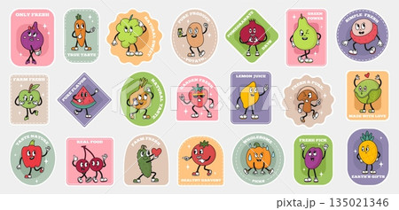 Groovy fruit vegetable stickers. Vegetables fruits cartoon retro characters with comic faces. Vibrant labels for fresh farm market products, neoteric vector design 135021346