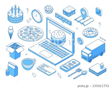 Isometric food order online. Delivery meals to home or office. Ordering burger, pizza, asian noodles or sandwich. Fast breakfast or dinner, tasty meals, nifty vector concept 135021752